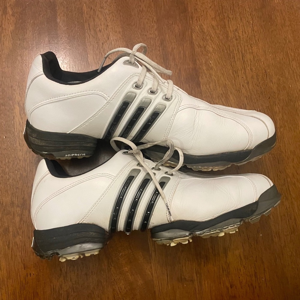 Adidas Tour360 Mens Golf Shoes White Black Leather Spiked 737338 Size 10